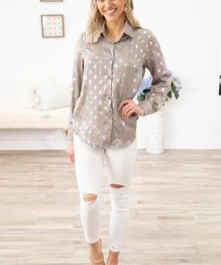 Avivo Tops Grey And Gold Metallic Dot Print Button Up Top