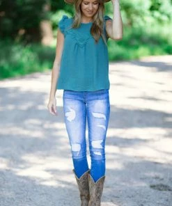 7th Ray Teal Flutter Sleeve Top With Crochet Detail Tops