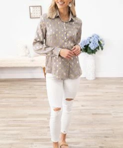 Avivo Tops Grey And Gold Metallic Dot Print Button Up Top