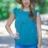 7th Ray Teal Flutter Sleeve Top With Crochet Detail Tops 1 7th Ray Teal Flutter Sleeve Top With Crochet Detail Tops