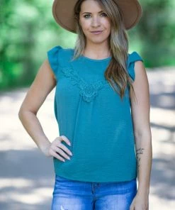7th Ray Teal Flutter Sleeve Top With Crochet Detail Tops