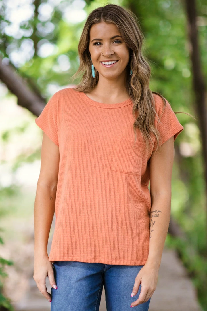 Staccato Orange Textured Top With Pocket And Side Slits Tops 3 Staccato Orange Textured Top With Pocket And Side Slits Tops