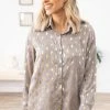 Avivo Tops Grey And Gold Metallic Dot Print Button Up Top