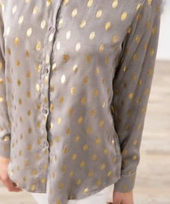 Avivo Tops Grey And Gold Metallic Dot Print Button Up Top