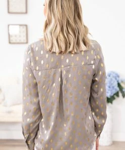 Avivo Tops Grey And Gold Metallic Dot Print Button Up Top