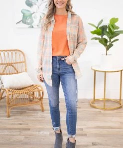 ADORA Peach And Mint Plaid Button Up Top LONG SLEEVES 10 ADORA Peach And Mint Plaid Button Up Top LONG SLEEVES