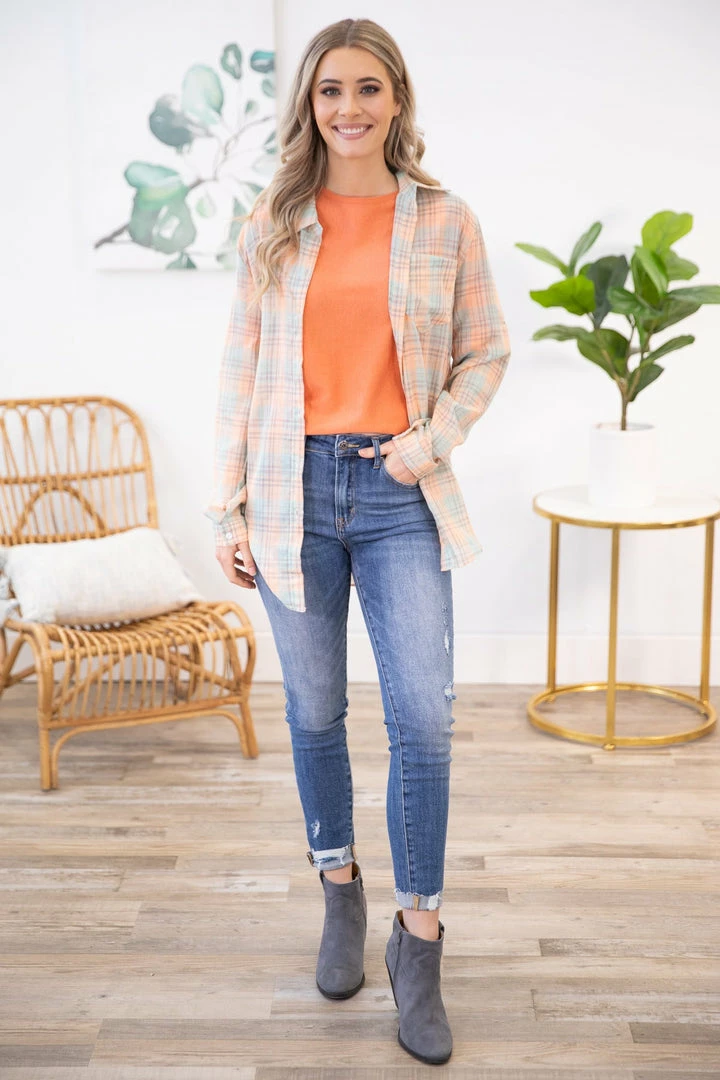 ADORA Peach And Mint Plaid Button Up Top LONG SLEEVES 5 ADORA Peach And Mint Plaid Button Up Top LONG SLEEVES