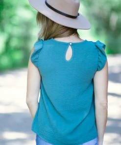 7th Ray Teal Flutter Sleeve Top With Crochet Detail Tops