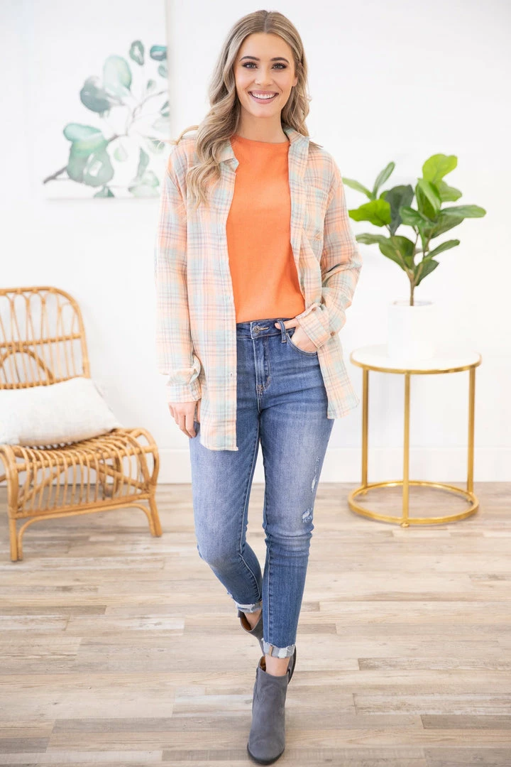 ADORA Peach And Mint Plaid Button Up Top LONG SLEEVES 6 ADORA Peach And Mint Plaid Button Up Top LONG SLEEVES