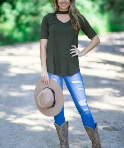 Hailey And Co Tops Olive Short Sleeve Top With Cutout Detail