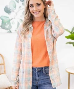 ADORA Peach And Mint Plaid Button Up Top LONG SLEEVES
