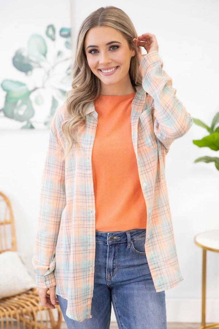 ADORA Peach And Mint Plaid Button Up Top LONG SLEEVES 3 ADORA Peach And Mint Plaid Button Up Top LONG SLEEVES