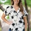 Kentce Ivory And Black Floral Print Notch Neck Tops