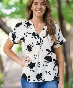 Kentce Ivory And Black Floral Print Notch Neck Tops