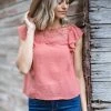Blue Pepper Terra Cotta Crochet Yoke Flutter Sleeve Top Tops