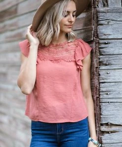 Blue Pepper Terra Cotta Crochet Yoke Flutter Sleeve Top Tops