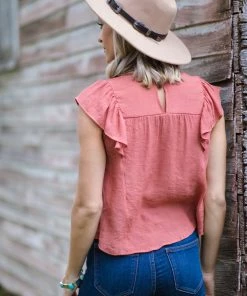 Blue Pepper Terra Cotta Crochet Yoke Flutter Sleeve Top Tops