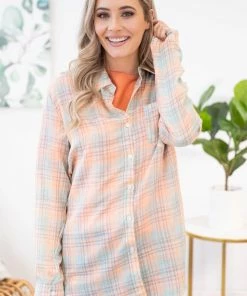 ADORA Peach And Mint Plaid Button Up Top LONG SLEEVES