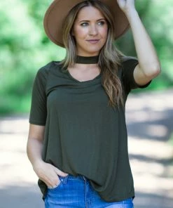 Hailey And Co Tops Olive Short Sleeve Top With Cutout Detail