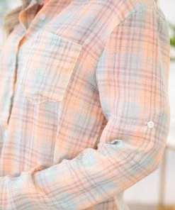 ADORA Peach And Mint Plaid Button Up Top LONG SLEEVES 13 ADORA Peach And Mint Plaid Button Up Top LONG SLEEVES