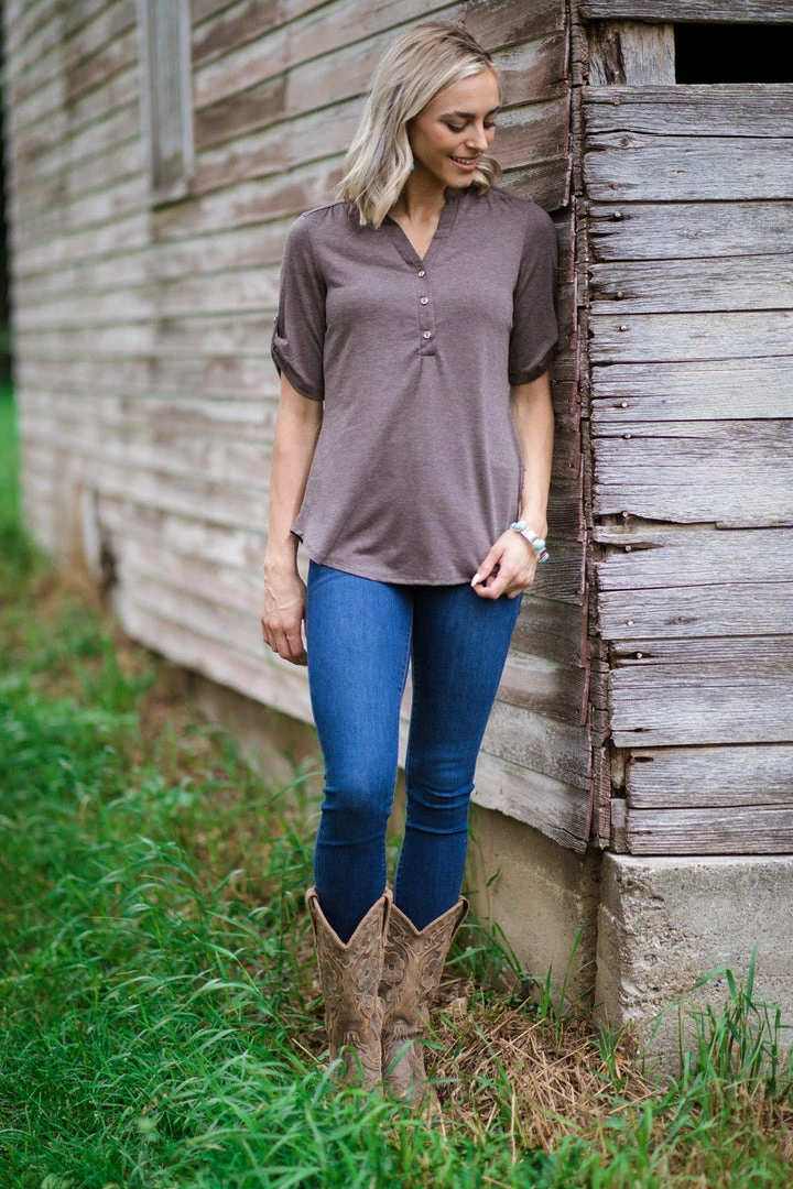 Perseption Mocha Roll Tab Sleeve Top With Button Detail 4 Perseption Mocha Roll Tab Sleeve Top With Button Detail