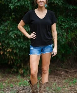 Summer 10 Tops Black V-Neck Top With Cuffed Short Sleeve
