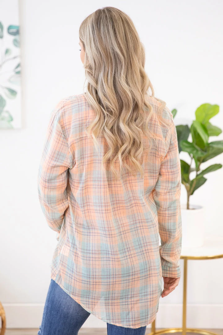 ADORA Peach And Mint Plaid Button Up Top LONG SLEEVES 7 ADORA Peach And Mint Plaid Button Up Top LONG SLEEVES