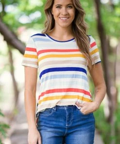 Viamor Cobalt Multicolor Stripe Short Sleeve Top