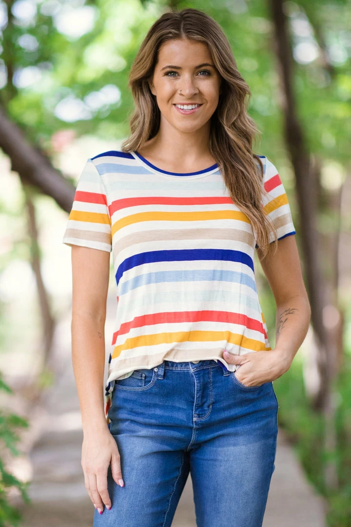 Viamor Cobalt Multicolor Stripe Short Sleeve Top 3 Viamor Cobalt Multicolor Stripe Short Sleeve Top