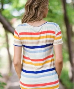 Viamor Cobalt Multicolor Stripe Short Sleeve Top 7 Viamor Cobalt Multicolor Stripe Short Sleeve Top