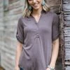 Perseption Mocha Roll Tab Sleeve Top With Button Detail