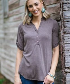 Perseption Mocha Roll Tab Sleeve Top With Button Detail