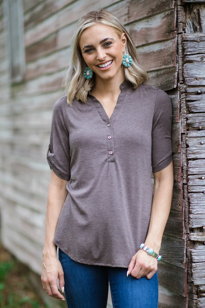 Perseption Mocha Roll Tab Sleeve Top With Button Detail 3 Perseption Mocha Roll Tab Sleeve Top With Button Detail