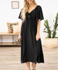 Lime N Chili Black Flutter Sleeve Dress With Tie Detail Dresses