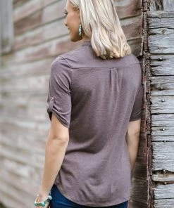 Perseption Mocha Roll Tab Sleeve Top With Button Detail 8 Perseption Mocha Roll Tab Sleeve Top With Button Detail