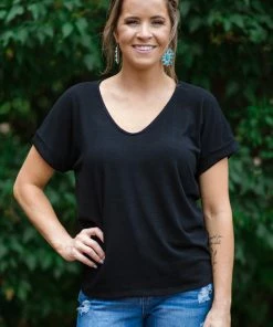 Summer 10 Tops Black V-Neck Top With Cuffed Short Sleeve