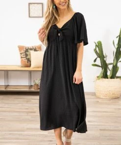 Lime N Chili Black Flutter Sleeve Dress With Tie Detail Dresses