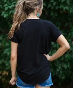Summer 10 Tops Black V-Neck Top With Cuffed Short Sleeve