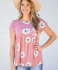 Hailey And Co Blush Floral Print Short Sleeve Babydoll Top Tops