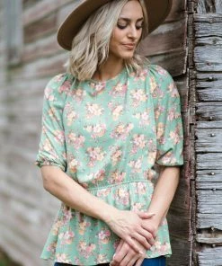 Staccato Tops Sage And Peach Floral Print Peplum Top