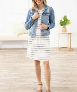 CES FEMME Off White And Black Stripe Halter Neck Dress