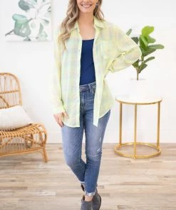 ADORA LONG SLEEVES Neon Green Multicolor Plaid Button Up Top