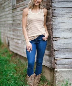 Doe & Rae Tan Stripe Criss-Cross Back Tank