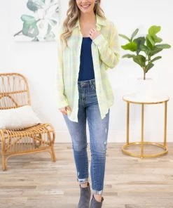 ADORA LONG SLEEVES Neon Green Multicolor Plaid Button Up Top