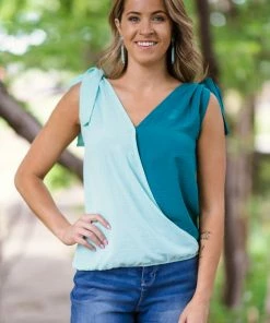 BIBI Jade And Mint Bow Shoulder Surplice Tank