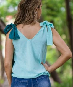 BIBI Jade And Mint Bow Shoulder Surplice Tank