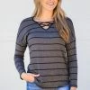 Hailey And Co Graphite And Black Stripe Criss-Cross Front Top