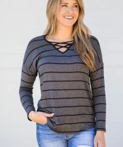 Hailey And Co Graphite And Black Stripe Criss-Cross Front Top