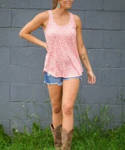Zenana Tops Coral And White Ditsy Floral Print Tank