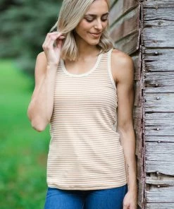 Doe & Rae Tan Stripe Criss-Cross Back Tank